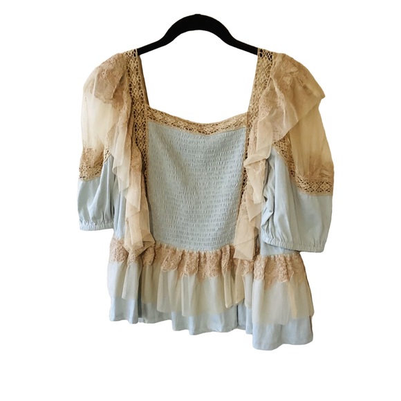 NEW Anthropologie Forever That Girl Blue Tan Smocked Crochet Lace Blouse S Boho - Picture 2 of 13